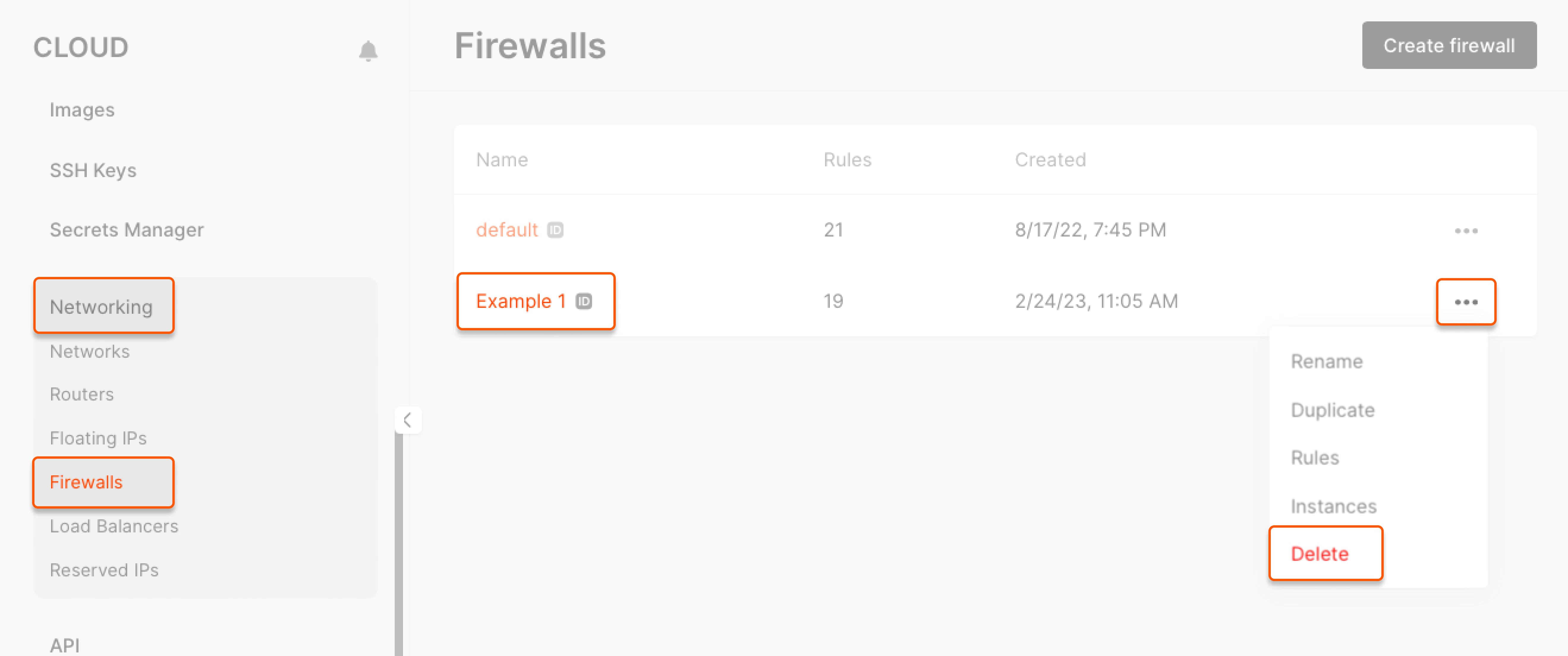Delete a firewall