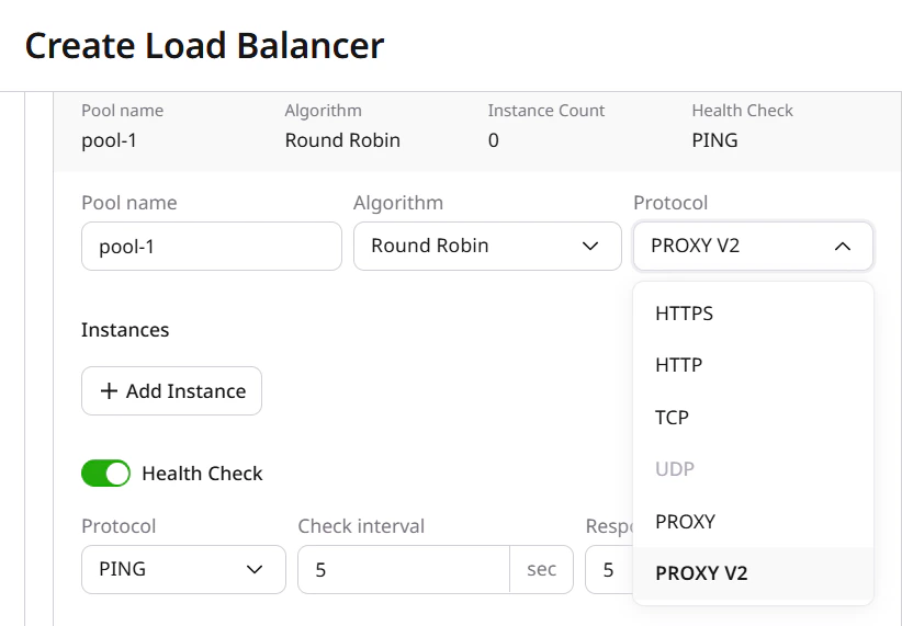 Pool protocol dropdown showing PROXY and PROXY V2 options