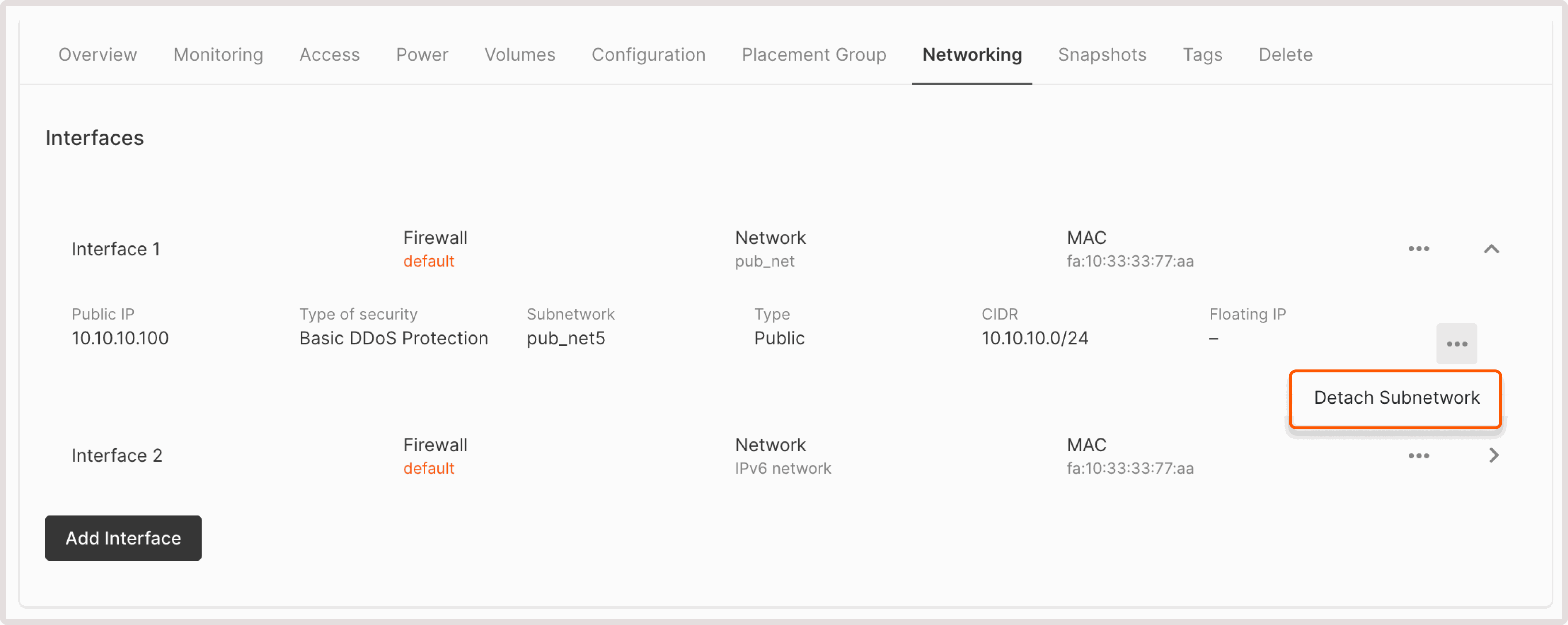 Network settings with the detach subnetwork option