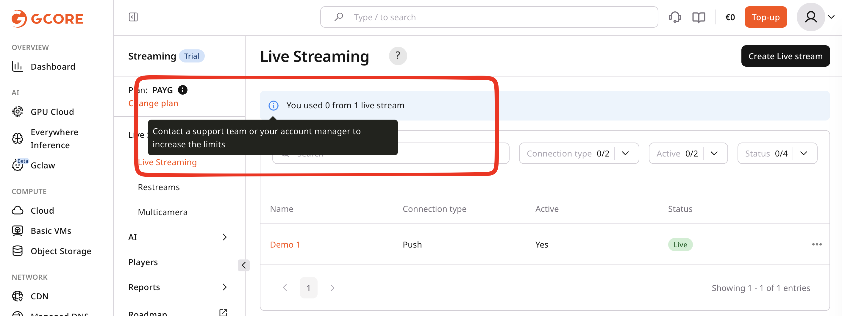 Active live stream limit notification in the Customer Portal
