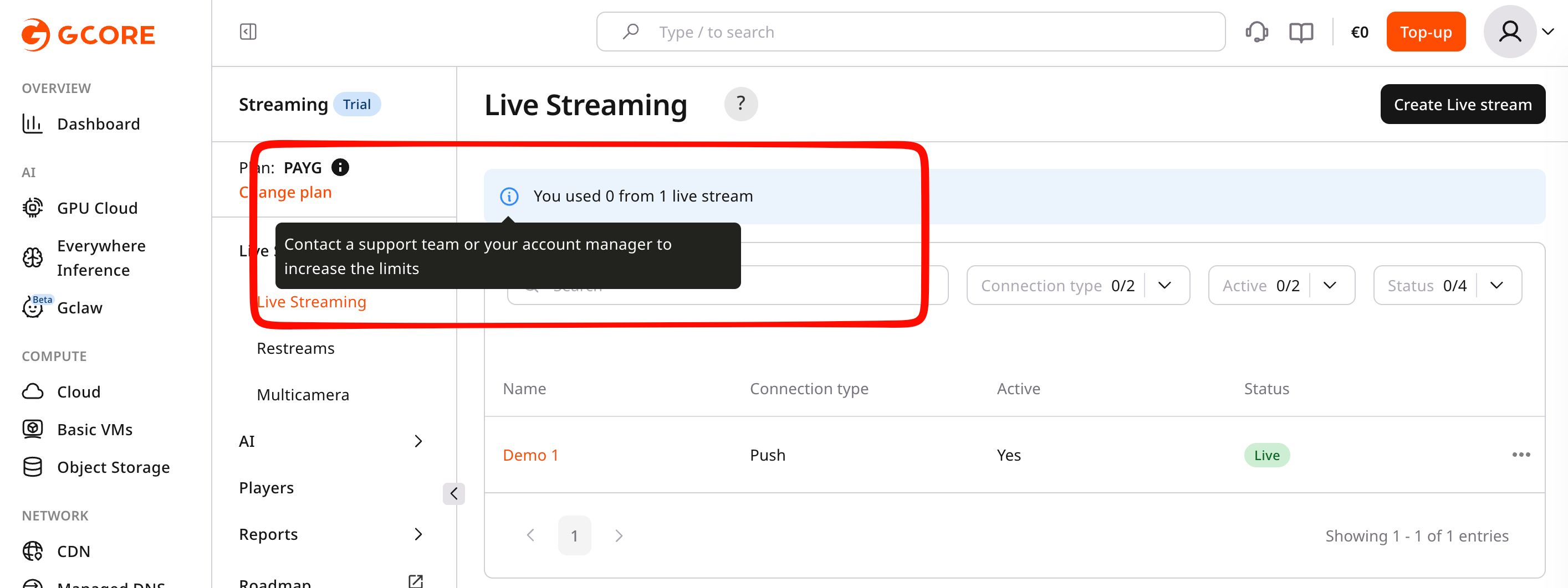 Active live stream limit notification in the Customer Portal