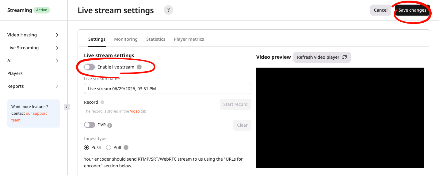 Turn off enable live stream toggle
