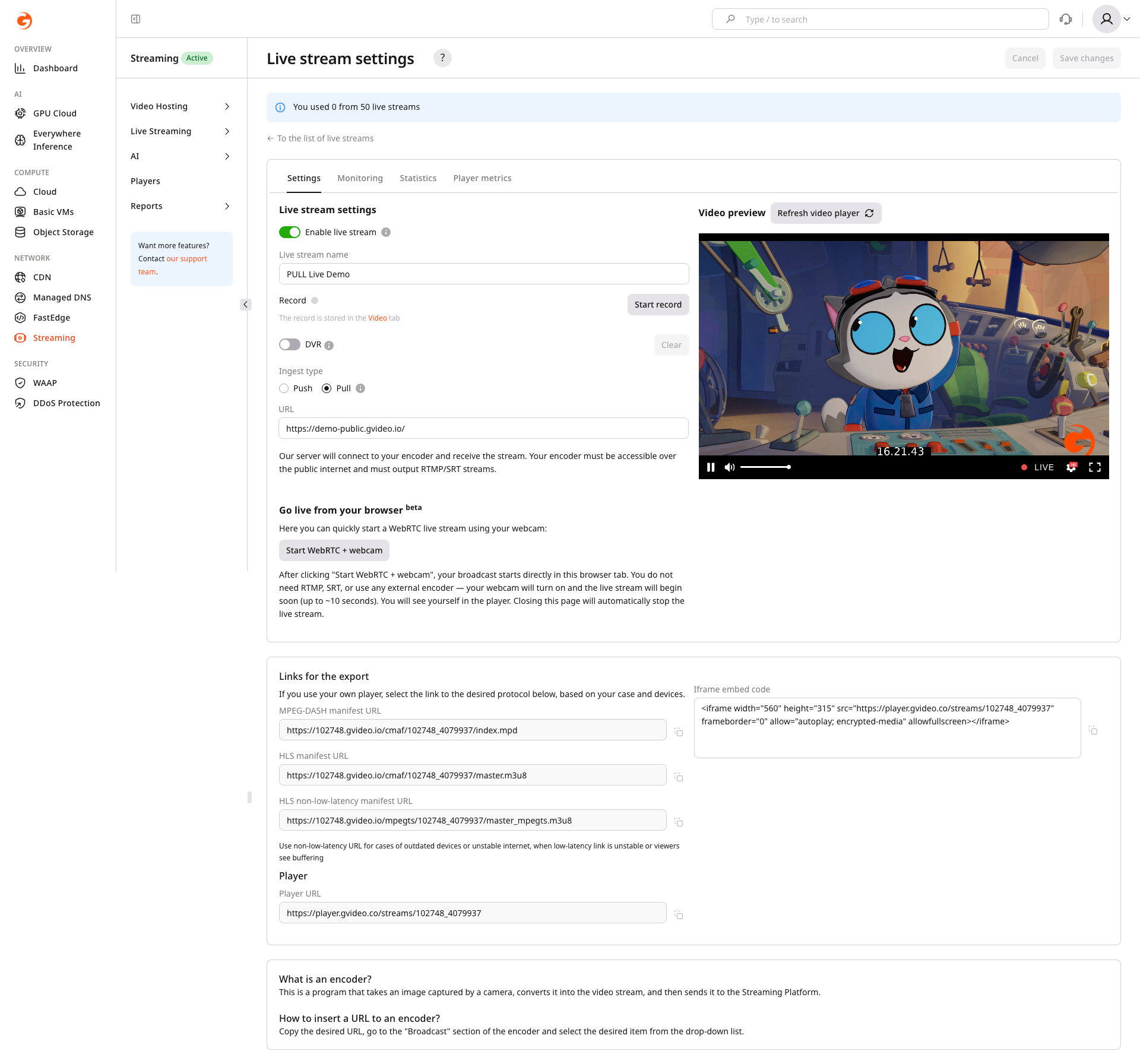 Live stream settings UI