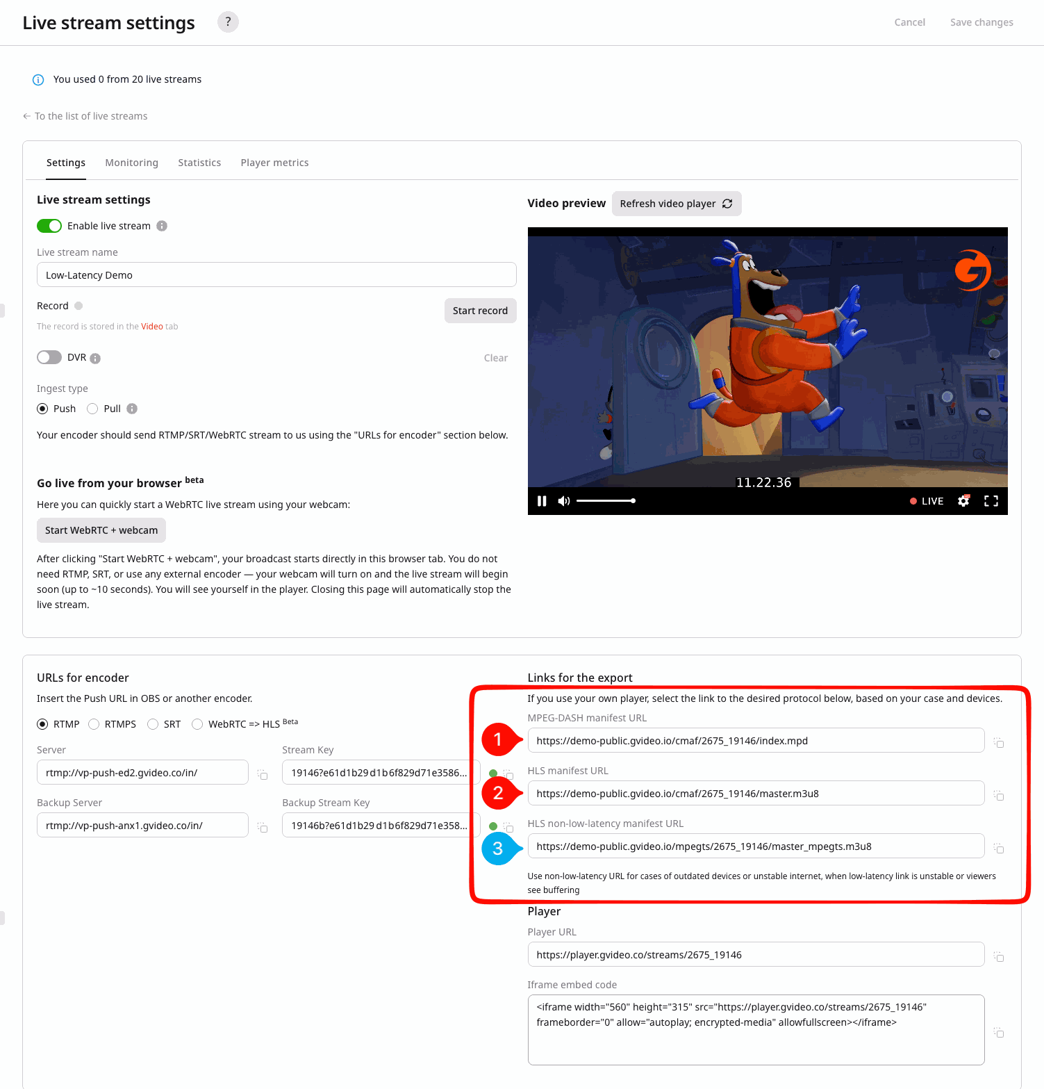 Low-latency streaming links for live streams