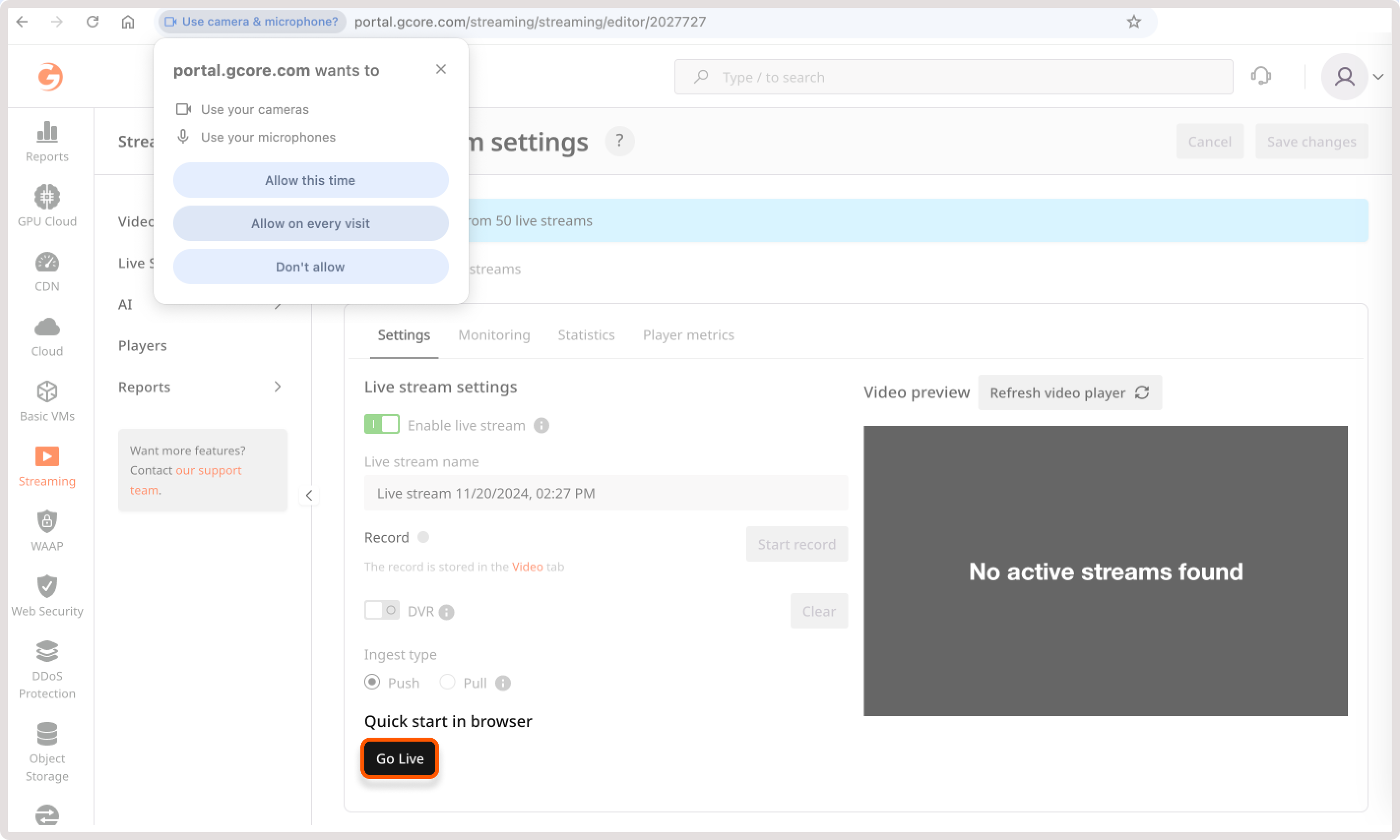 WebRTC browser publishing section in live stream settings