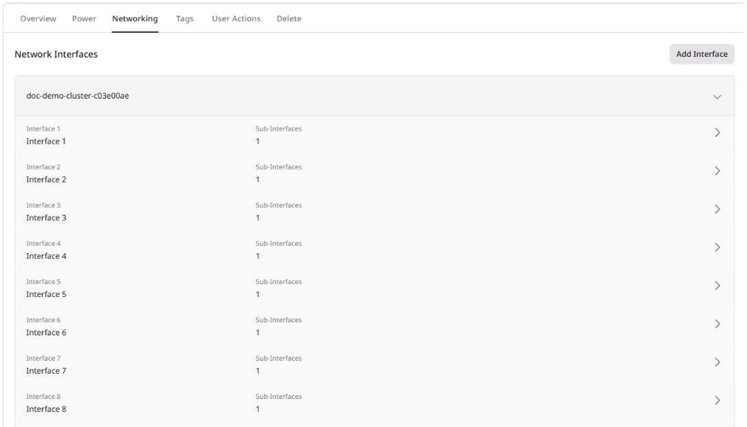 Networking tab showing node and interface list