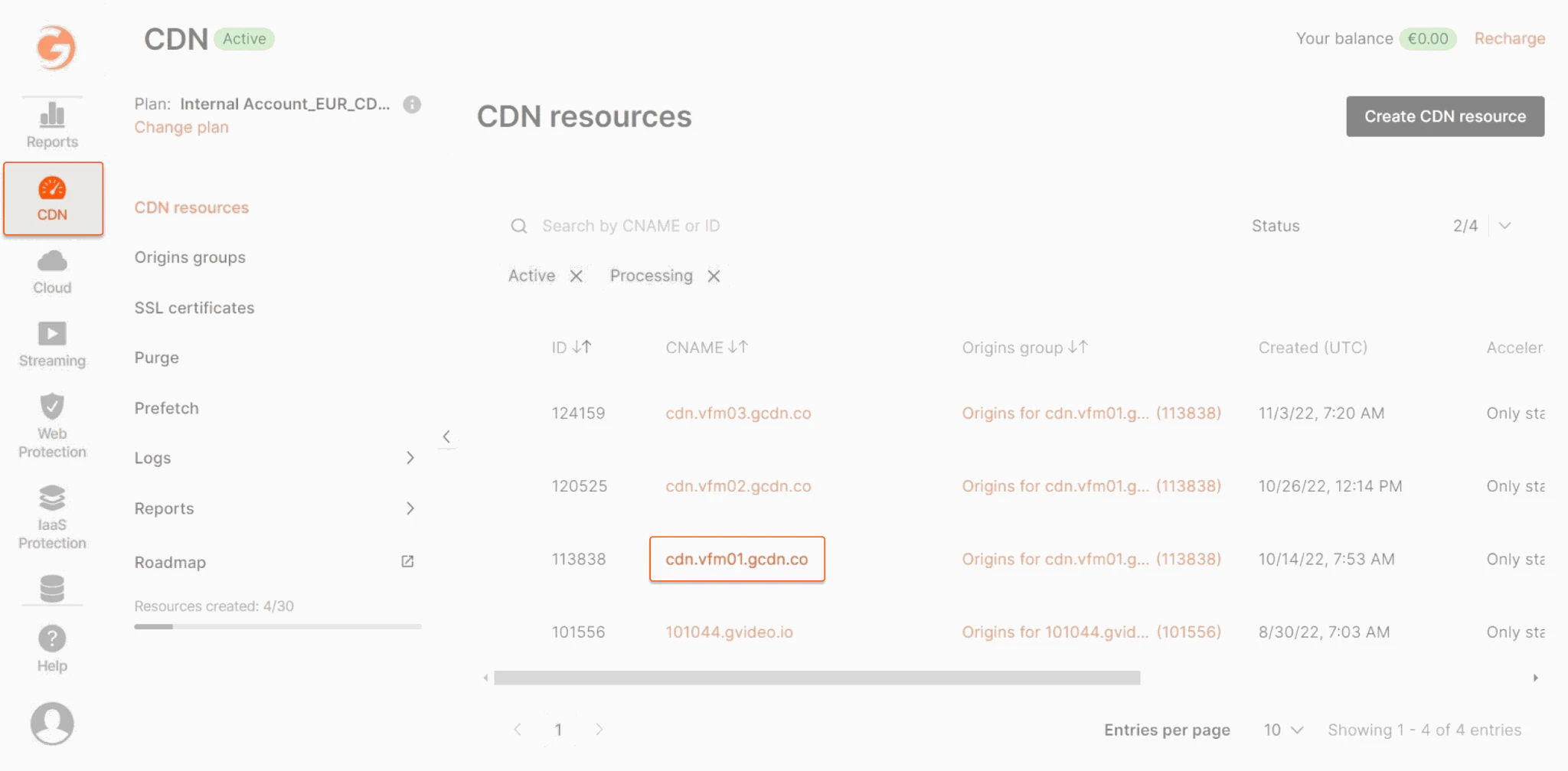 Set via the Gcore Customer Portal