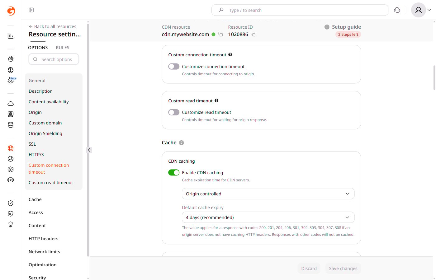 Custom connection timeout and Custom read timeout options in the resource settings