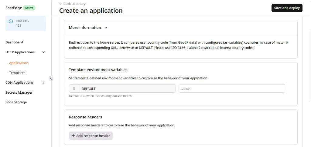 Geolocation-based redirect form with DEFAULT field and Response headers section