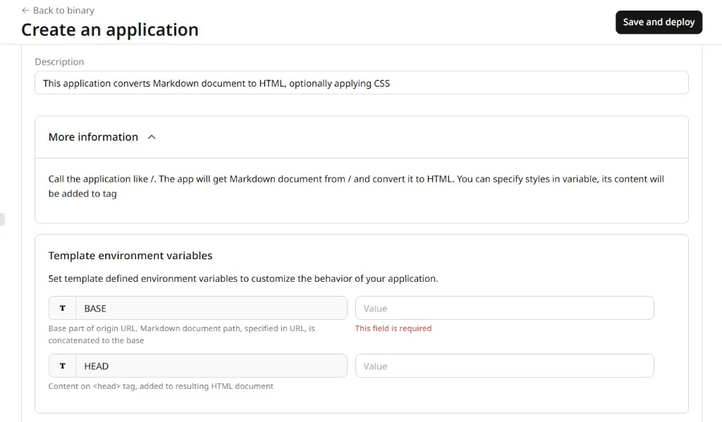 Markdown renderer form with BASE required field and optional HEAD field