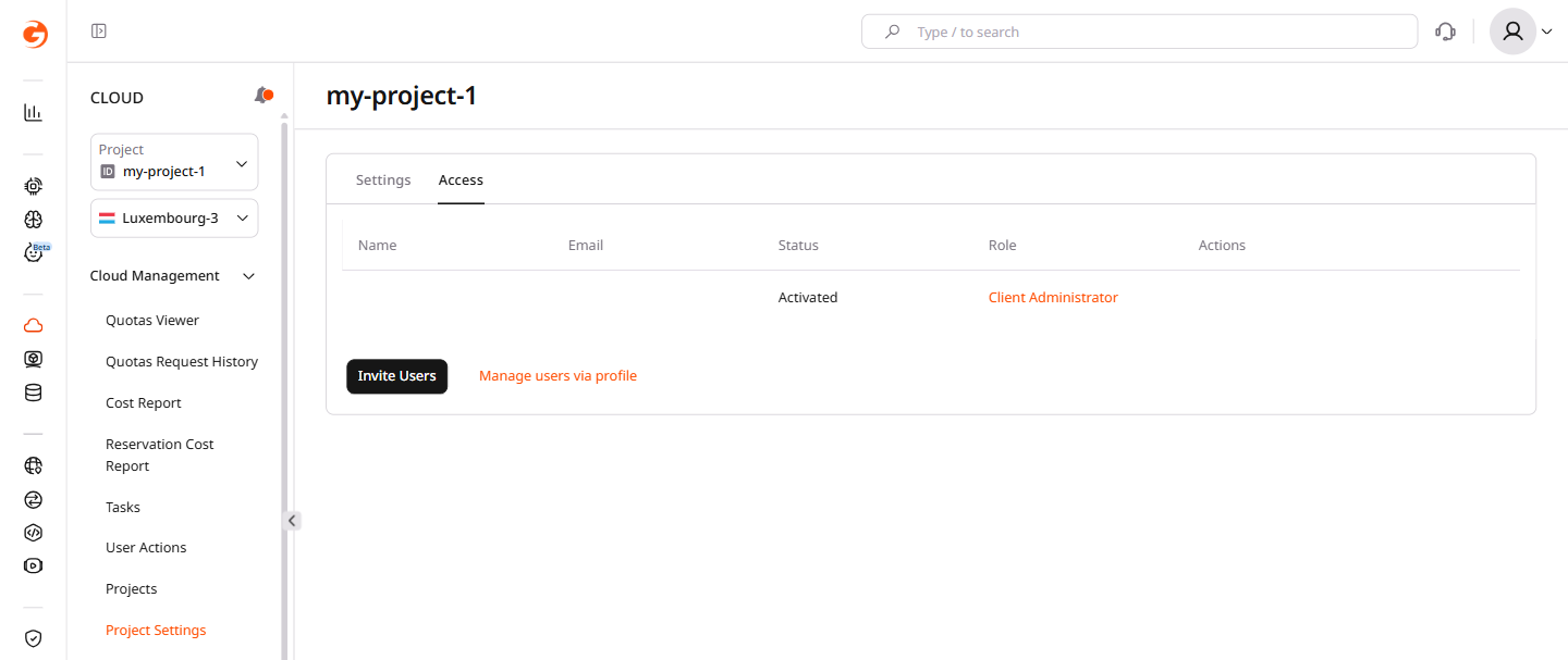 Project access tab displaying one user added to the project