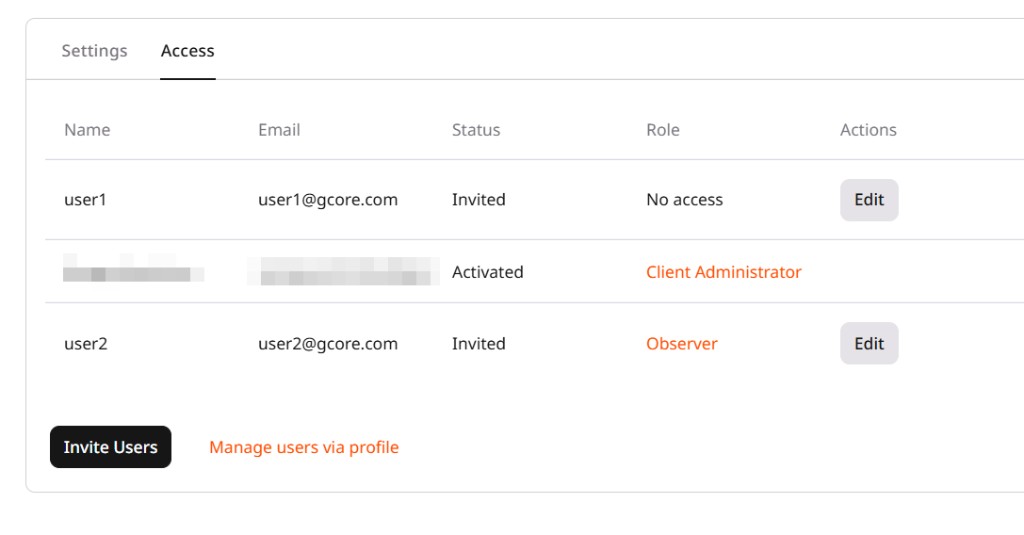 Access tab showing the current users list and the Invite Users button