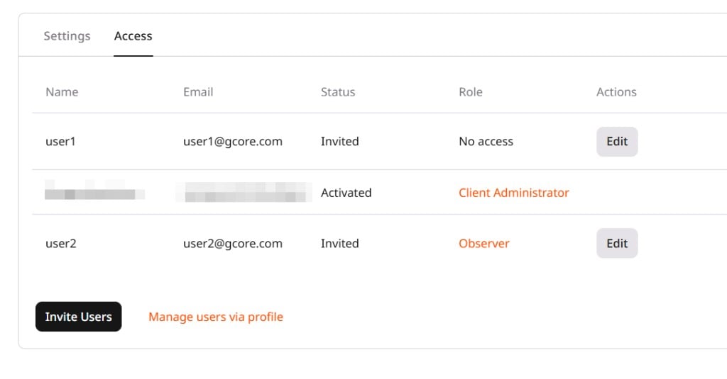 Access tab showing the current users list and the Invite Users button