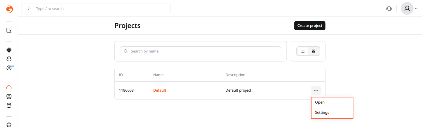 Projects list with the three-dots menu open showing Open and Settings options
