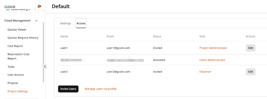 Access tab showing the Edit button next to a project user