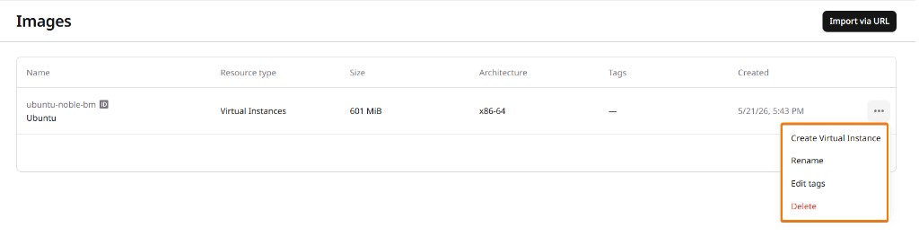 Images list with the actions menu open showing Create Virtual Instance, Rename, Edit tags, and Delete options