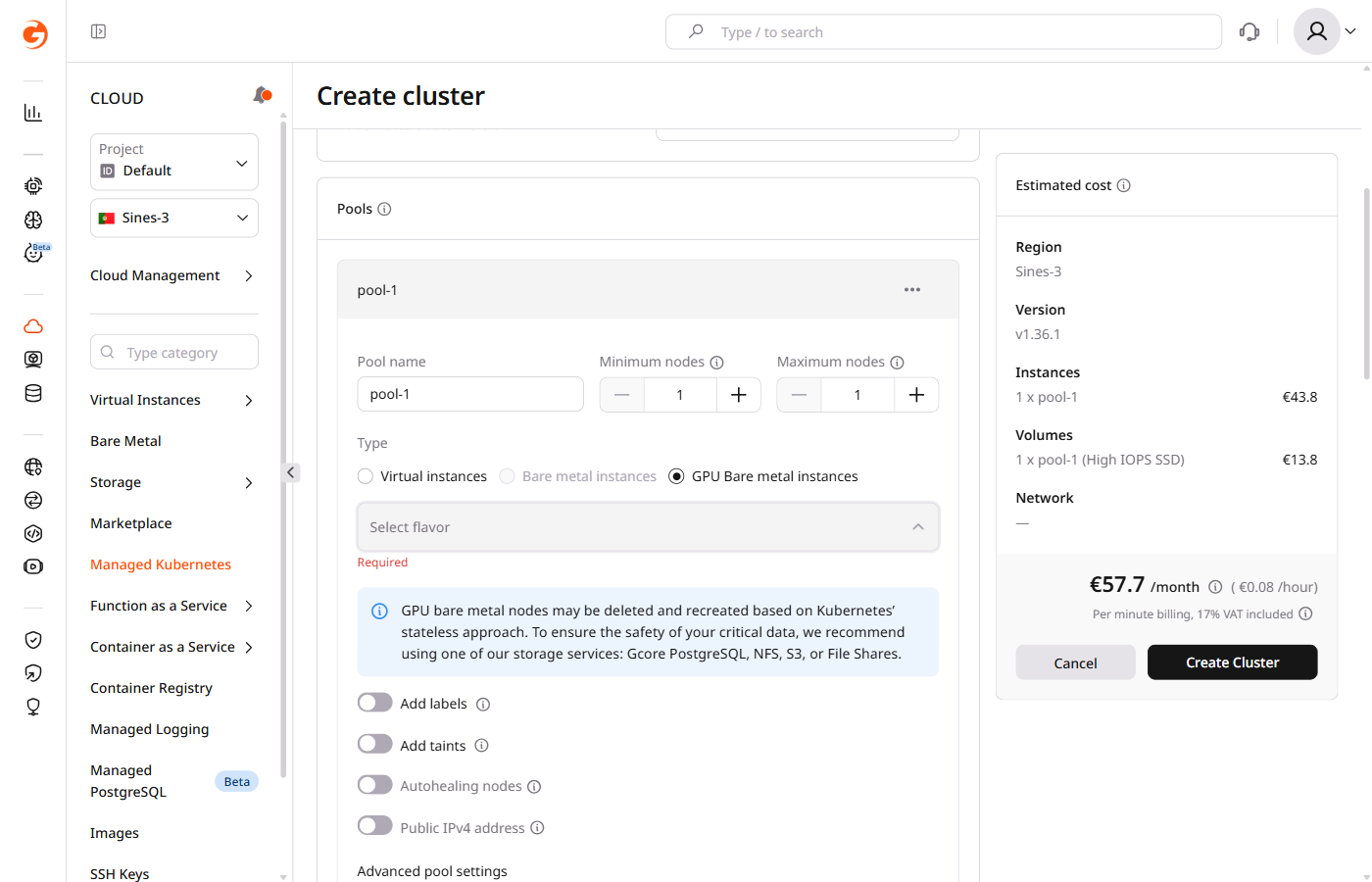 Pools configuration section on the Create Kubernetes cluster page