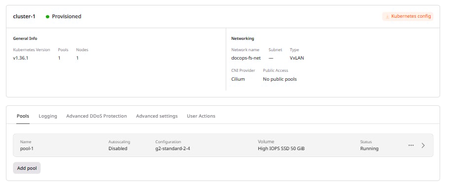 Cluster overview page with the Pools tab and Add pool button