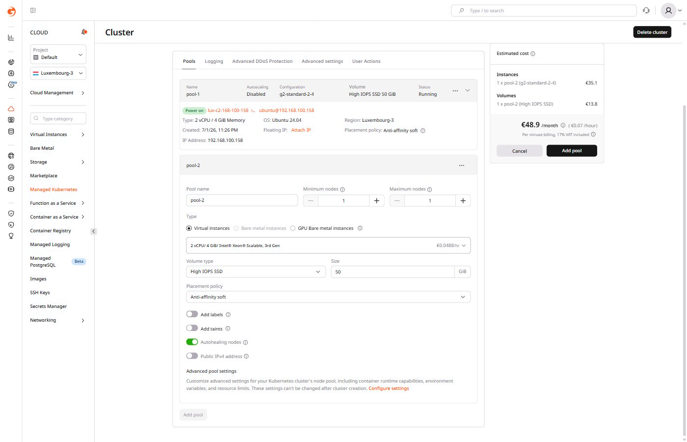 Add pool form showing optional settings: Add labels, Add taints, Autohealing nodes, Public IPv4 address, and Advanced pool settings