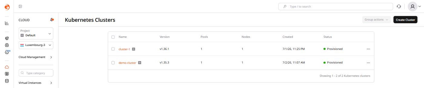 Managed Kubernetes clusters list with cluster names, Kubernetes versions, and status