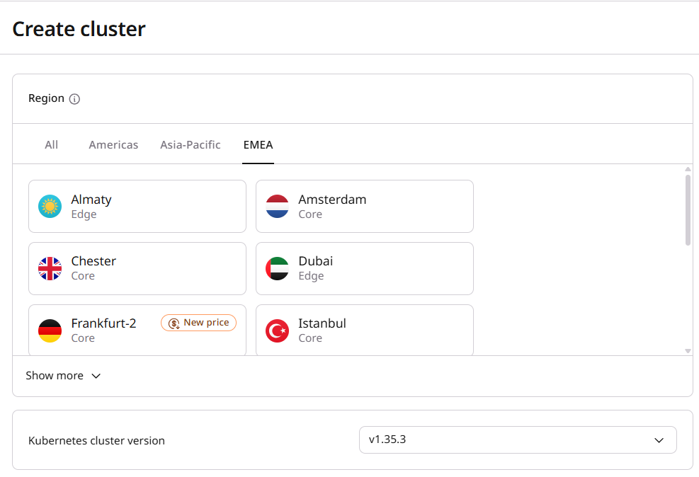 Kubernetes cluster version dropdown on the create form