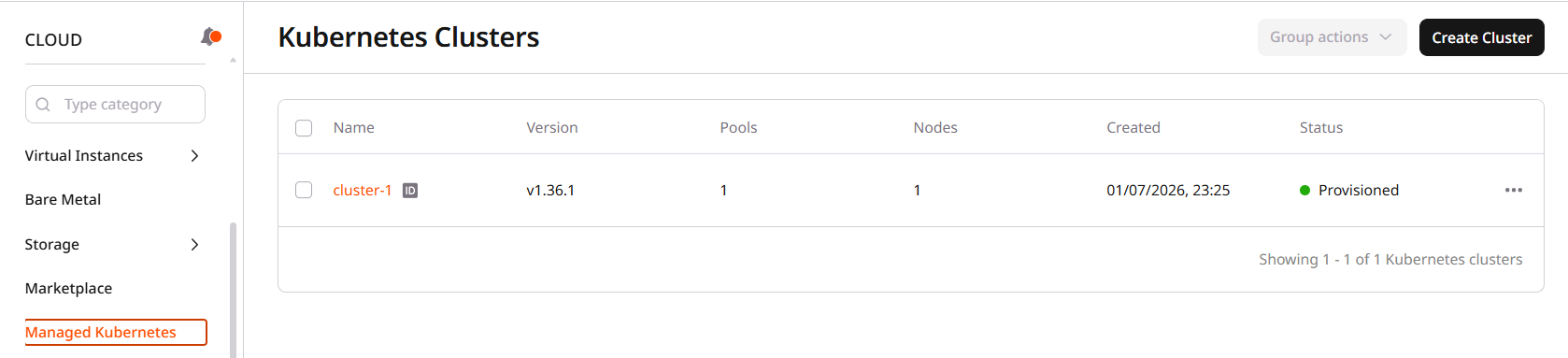 Kubernetes Clusters page with the Create Cluster button