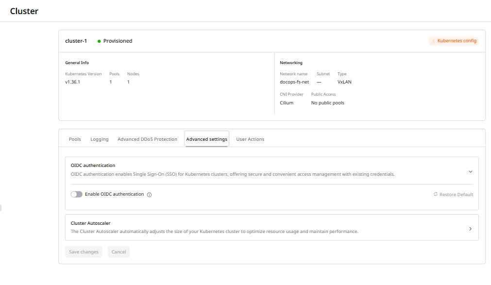 OIDC authentication section with the Enable OIDC authentication toggle turned off