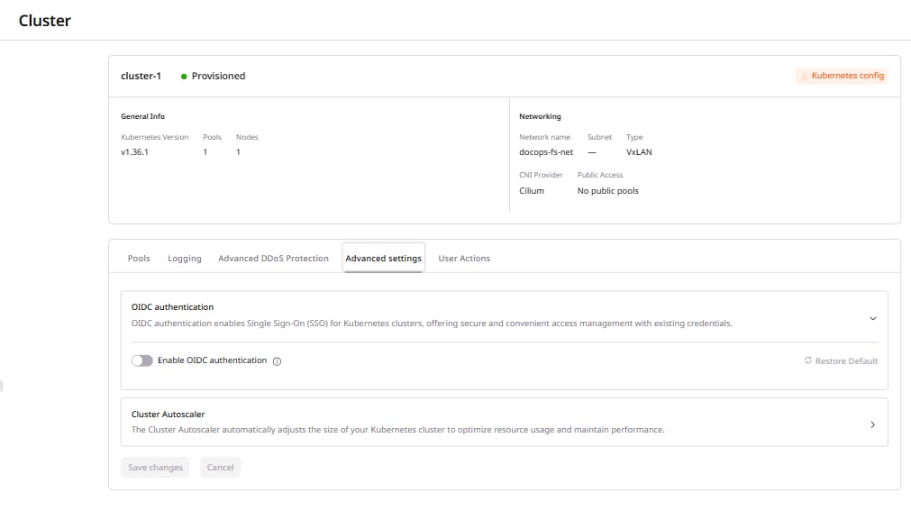 OIDC authentication section with the Enable OIDC authentication toggle turned off