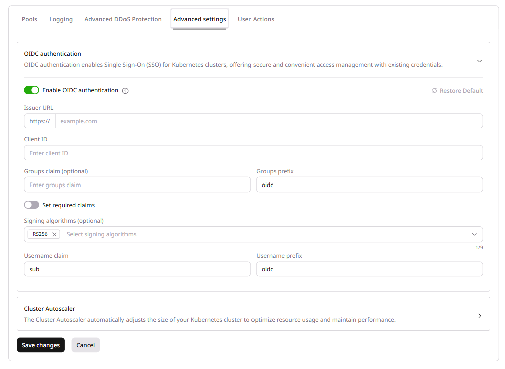 OIDC authentication settings showing the Enable toggle, Issuer URL, and Client ID fields