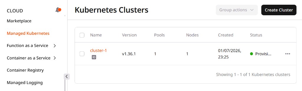 Kubernetes Clusters list with cluster name and Create Cluster button