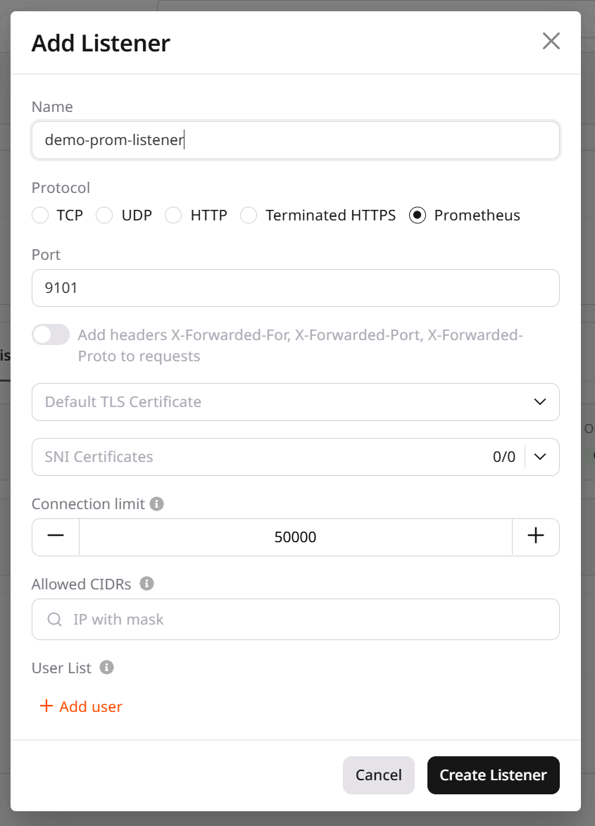 Add listener dialog
