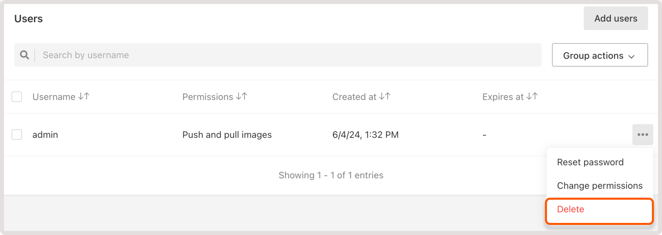 Users settings with the highlighted delete button