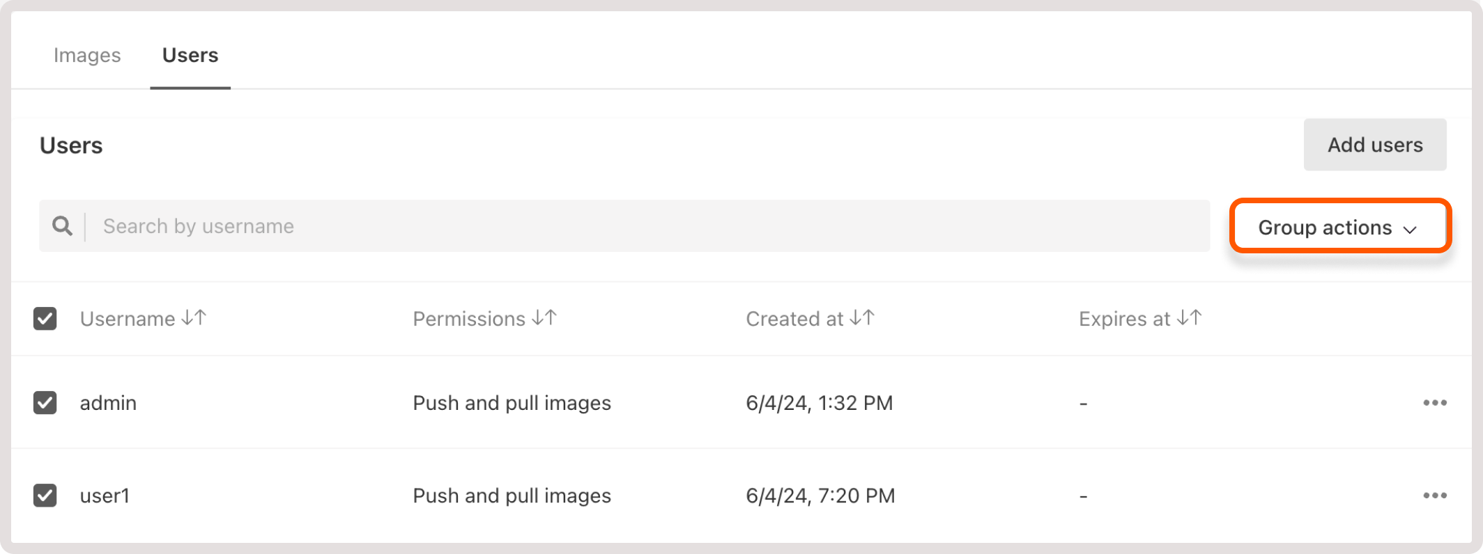Users settings with the highlighted group actions dropdown