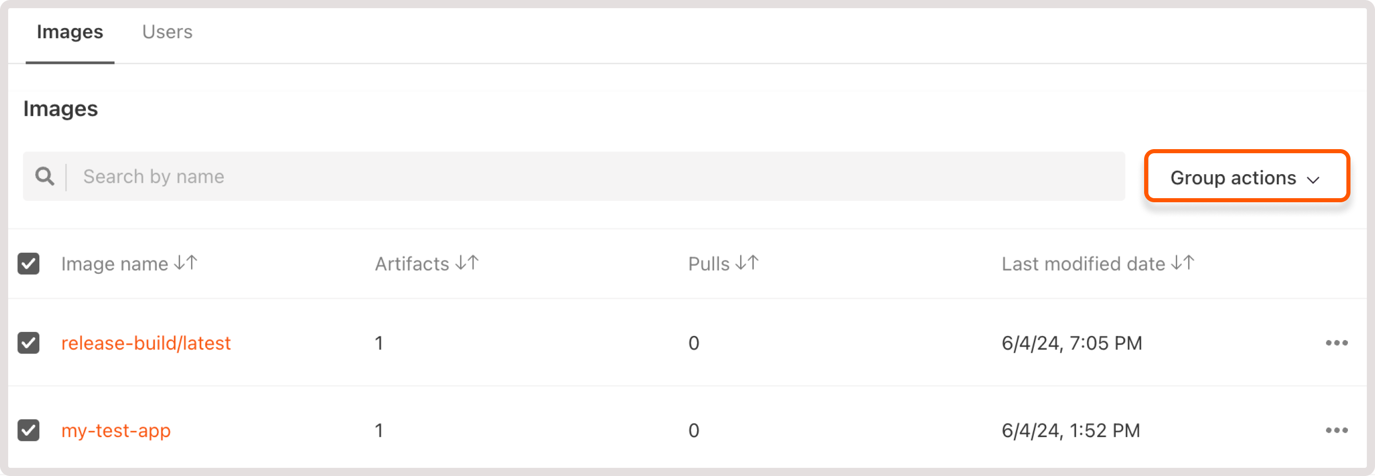 Group actions dropdown on the Images tab