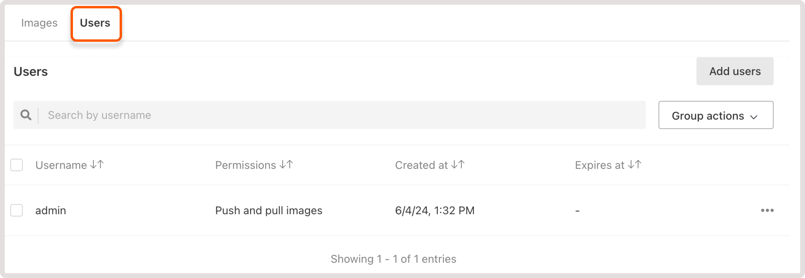 Users tab in the registry overview
