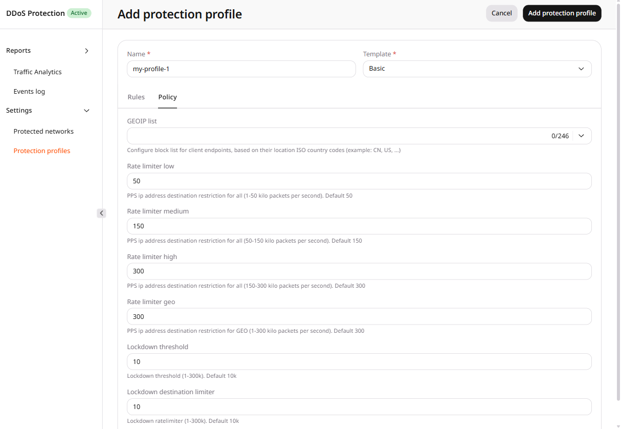 Protection profile Policy tab
