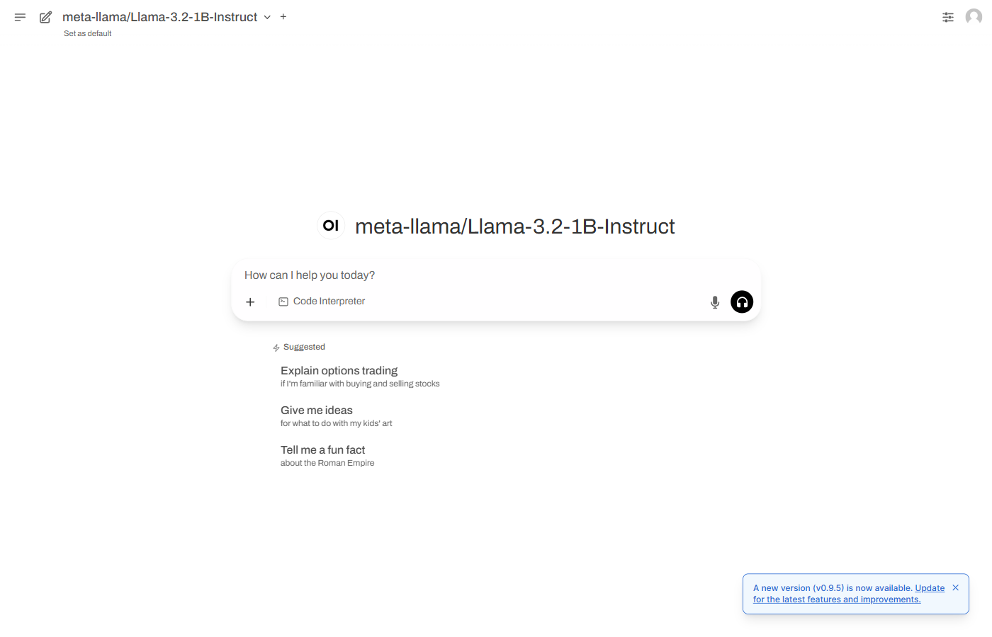 Open WebUI chat interface with model loaded