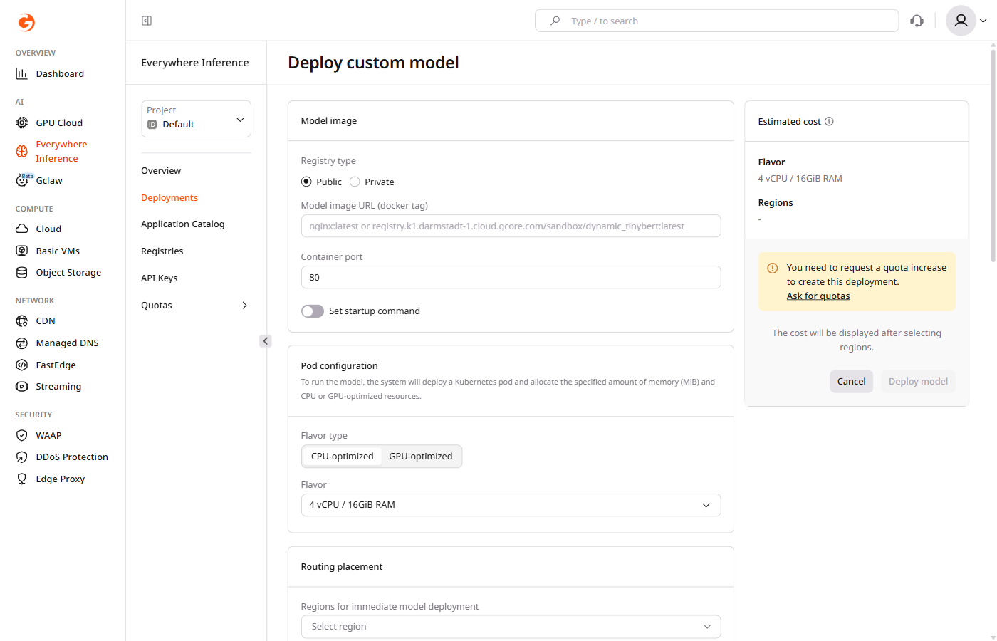 Model image section with Public registry type selected