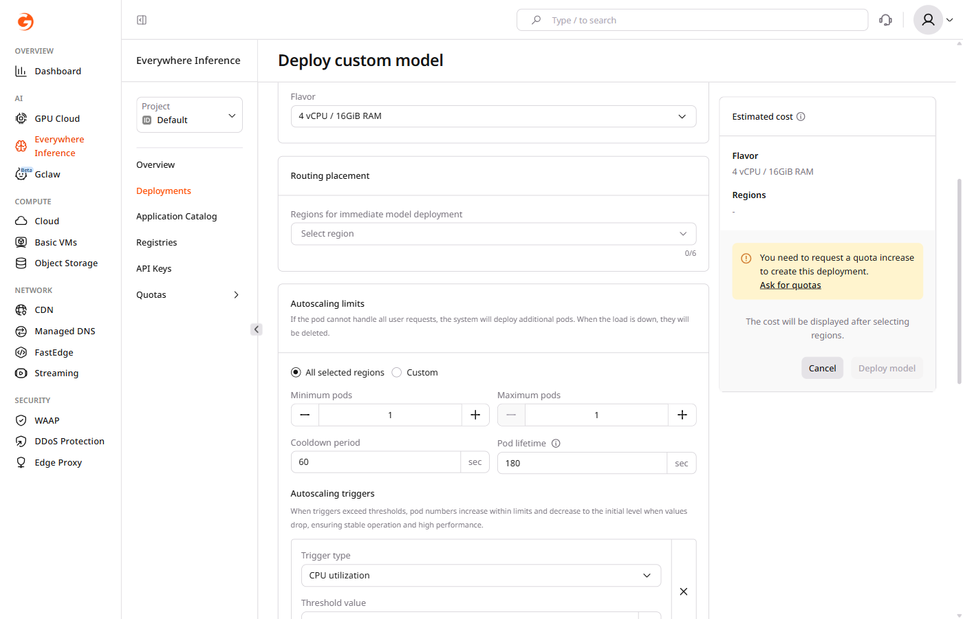 Routing placement and Autoscaling limits sections