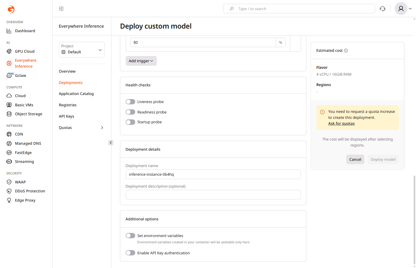 Deployment details and Additional options sections
