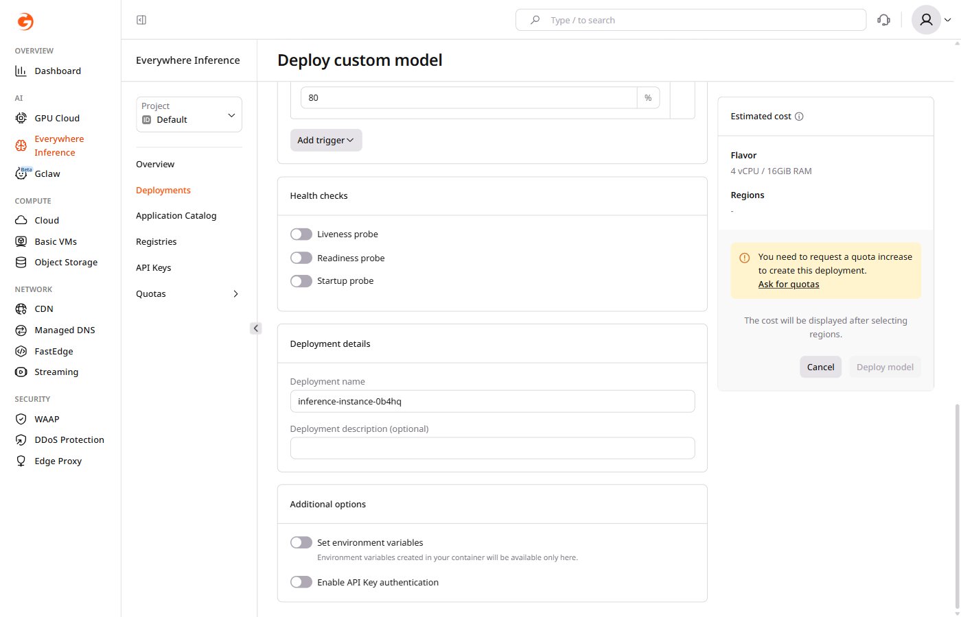 Deployment details and Additional options sections