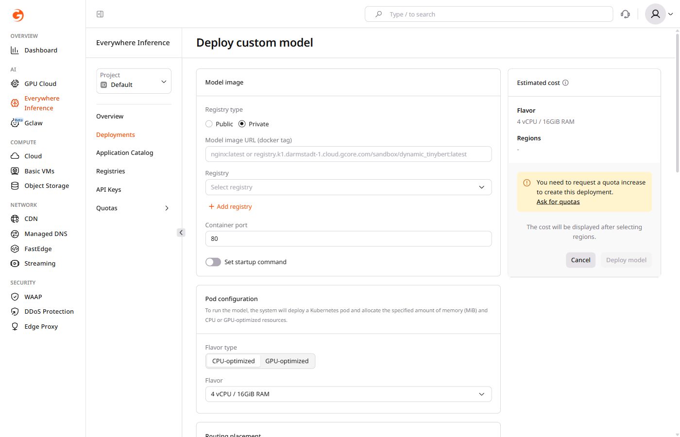 Model image section with Private registry type selected, showing Registry dropdown