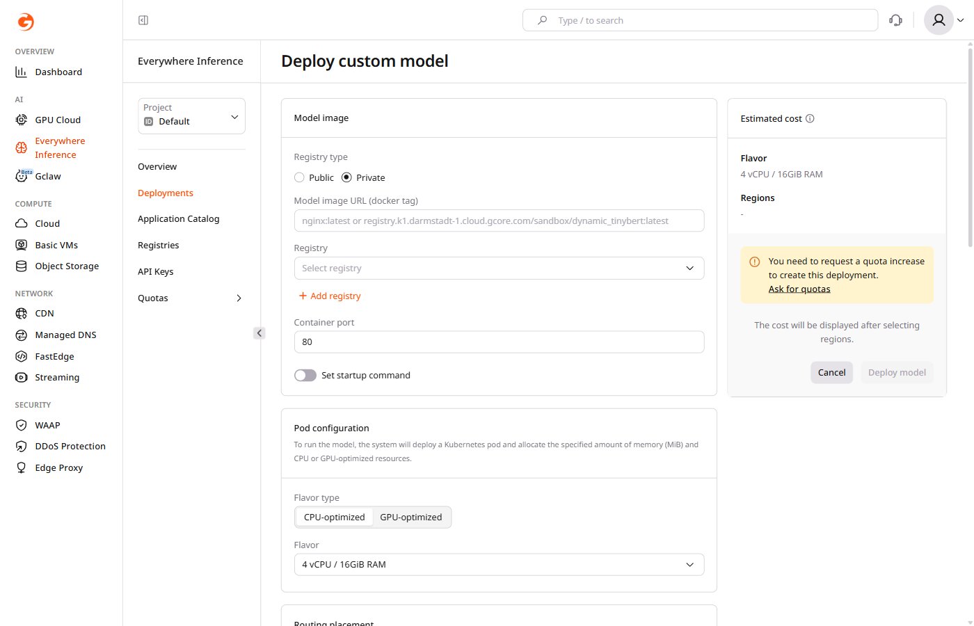 Model image section with Private registry type selected, showing Registry dropdown