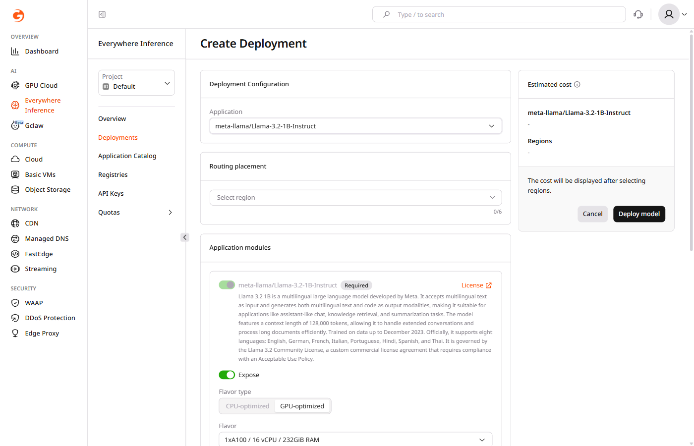 Create Deployment form — Deployment Configuration and Routing placement sections