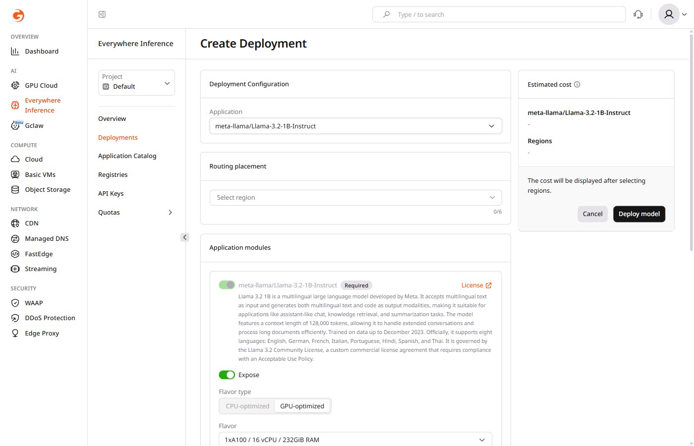 Create Deployment form — Deployment Configuration and Routing placement sections