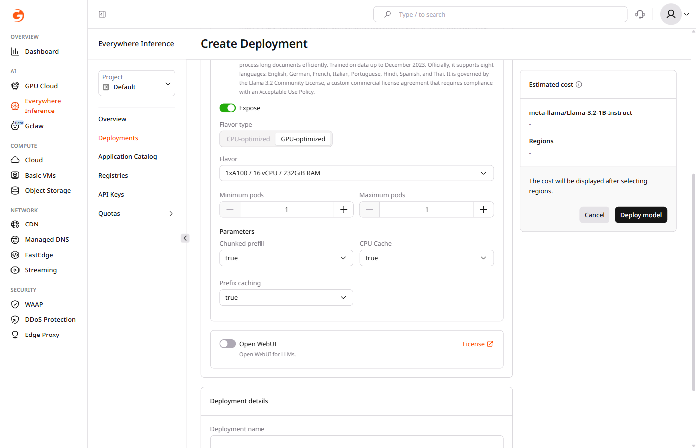 Application modules section showing Parameters and Open WebUI module