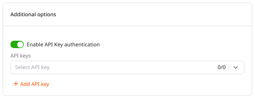 Additional options section with Enable API Key authentication toggle enabled and API key selector