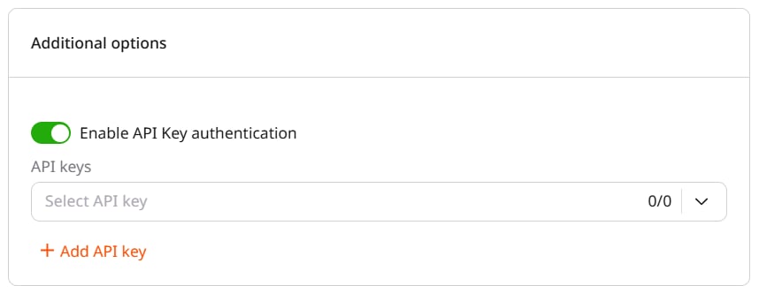Additional options section with Enable API Key authentication toggle enabled and API key selector