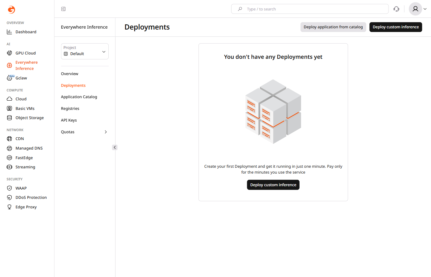 Deployments page showing the Deploy application from catalog and Deploy custom inference buttons