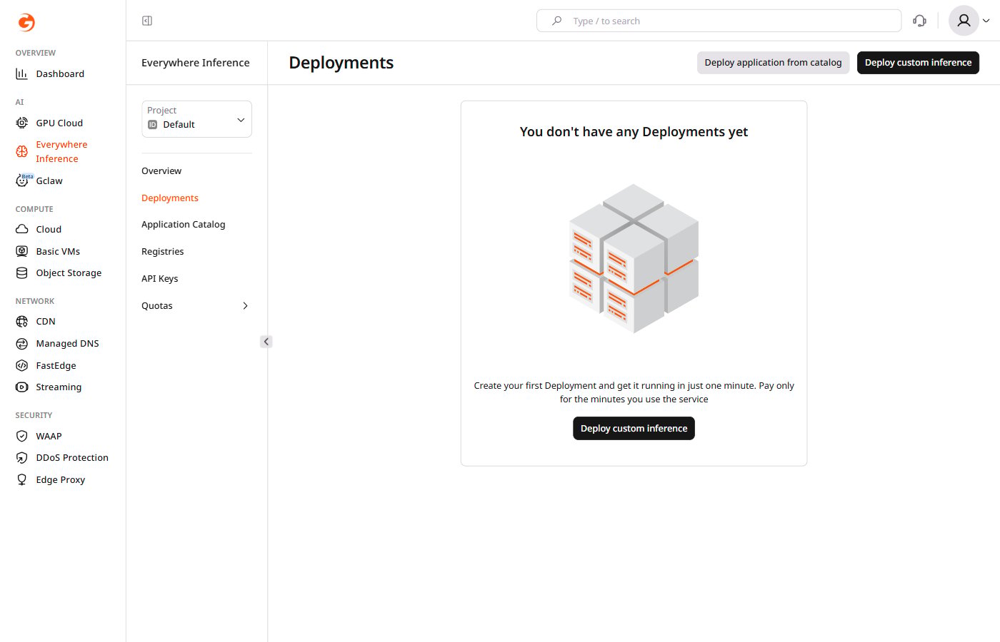 Deployments page showing the Deploy application from catalog and Deploy custom inference buttons